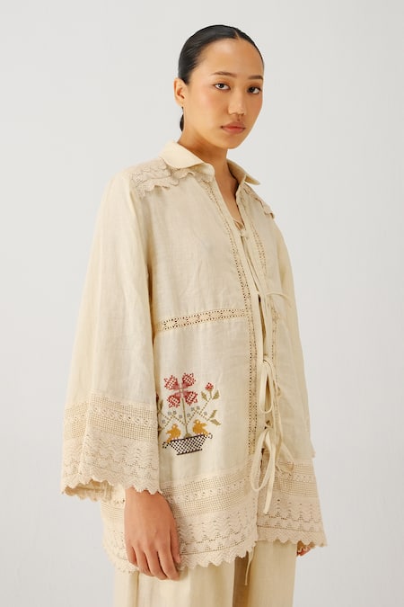 Cord_Ivory Linen Embroidery, Lace Collared Vase Shirt _Online_at_Aza_Fashions