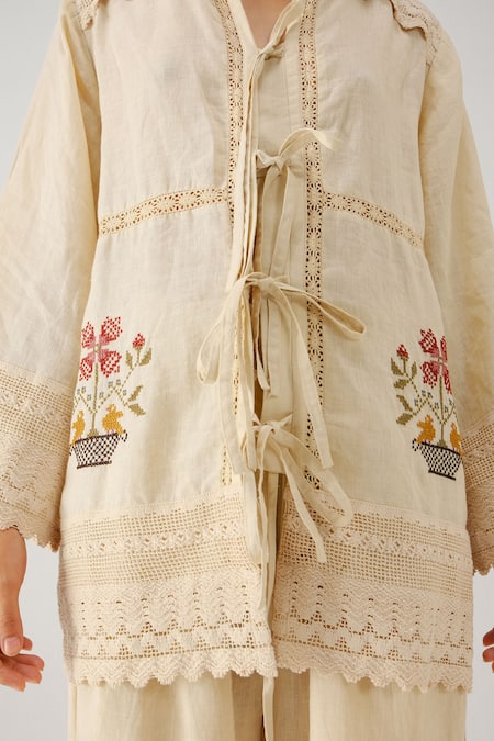 Buy_Cord_Ivory Linen Embroidery, Lace Collared Vase Shirt _Online_at_Aza_Fashions
