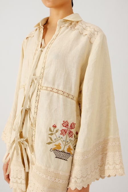 Shop_Cord_Ivory Linen Embroidery, Lace Collared Vase Shirt _Online_at_Aza_Fashions