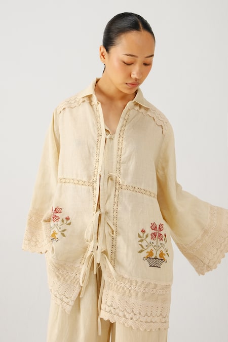 Cord_Ivory Linen Embroidery, Lace Collared Vase Shirt _at_Aza_Fashions