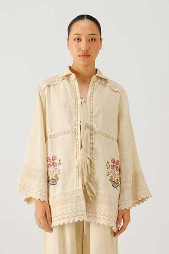 Cord_Ivory Linen Embroidery, Lace Collared Vase Shirt And Pant Set _at_Aza_Fashions