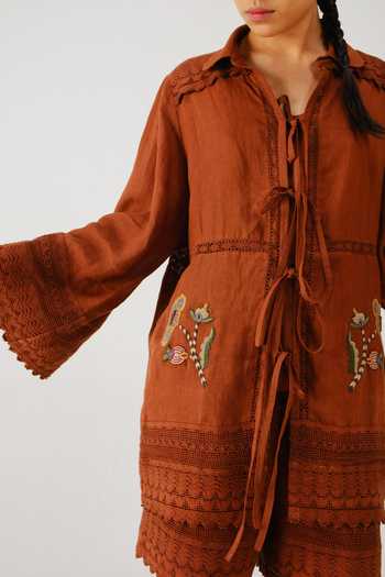 Cord_Brown Linen Embroidery, Lace Open Neck Bloom Placement Shirt _Online_at_Aza_Fashions