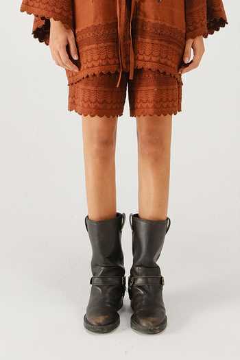 Cord_Brown Linen Embroidery, Lace Collared Bloom Shirt And Shorts Set _Online_at_Aza_Fashions