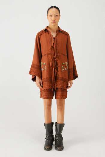 Buy_Cord_Brown Linen Embroidery, Lace Collared Bloom Shirt And Shorts Set _Online_at_Aza_Fashions