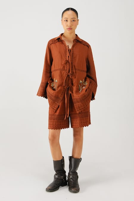 Cord Bloom Embroidered Shirt & Shorts Set 