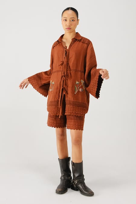 Cord Bloom Embroidered Shirt & Shorts Set 