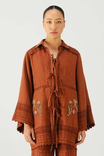 Shop_Cord_Brown Linen Embroidery, Lace Collared Bloom Shirt And Shorts Set _Online_at_Aza_Fashions