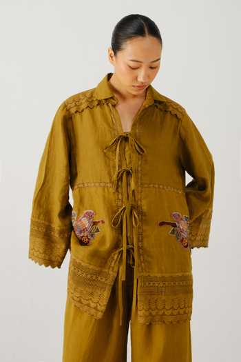 Cord Parrot Placement Embroidered Linen Shirt 
