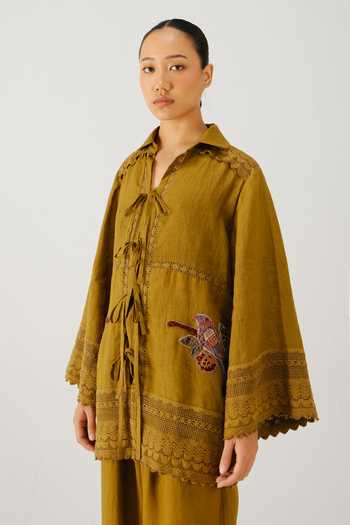 Cord_Olive Green Linen Embroidery, Lace Collared Parrot Placement Shirt _Online_at_Aza_Fashions