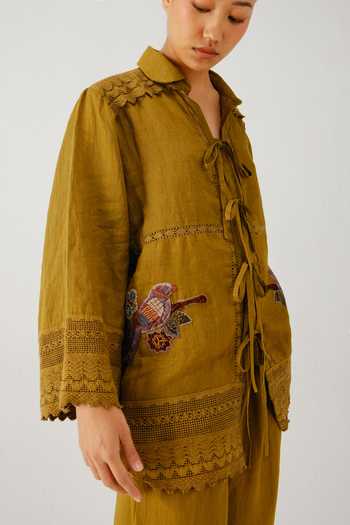 Shop_Cord_Olive Green Linen Embroidery, Lace Collared Parrot Placement Shirt _Online_at_Aza_Fashions