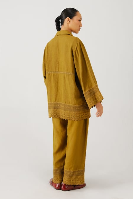 Cord Parrot Placement Embroidered Shirt & Pant Set 