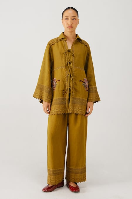Cord Parrot Placement Embroidered Shirt & Pant Set 