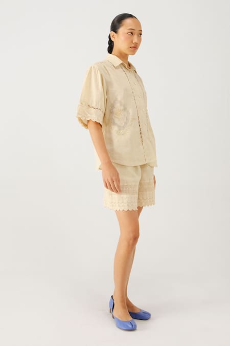Cord_Ivory Linen Embroidery Collared Victorian Placement Shirt _Online_at_Aza_Fashions