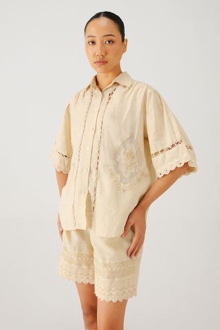 Shop_Cord_Ivory Linen Embroidery Collared Victorian Placement Shirt _Online_at_Aza_Fashions