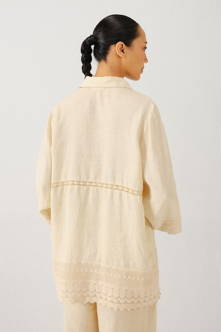 Cord_Ivory Linen Embroidery Collared Victorian Placement Shirt _at_Aza_Fashions