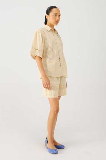 Cord_Ivory Linen Embroidery, Lace Button-down Neck Victorian Shirt And Shorts Set _Online_at_Aza_Fashions