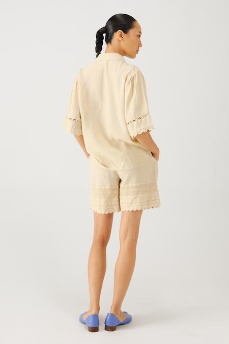 Cord Victorian Embroidered Linen Shirt & Shorts Set 