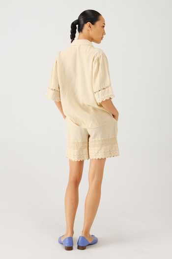Buy_Cord_Ivory Linen Embroidery, Lace Button-down Neck Victorian Shirt And Shorts Set _Online_at_Aza_Fashions