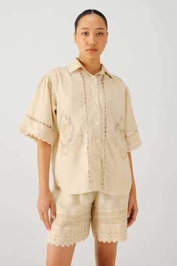 Shop_Cord_Ivory Linen Embroidery, Lace Button-down Neck Victorian Shirt And Shorts Set _Online_at_Aza_Fashions