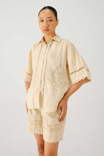 Cord_Ivory Linen Embroidery, Lace Button-down Neck Victorian Shirt And Shorts Set _at_Aza_Fashions