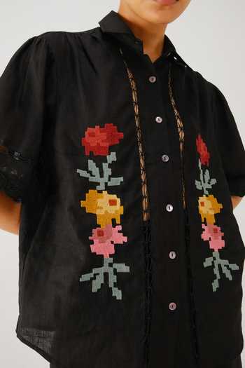 Buy_Cord_Black Linen Embroidery Collared Victorian Pixel Shirt _Online_at_Aza_Fashions