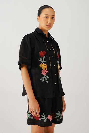 Shop_Cord_Black Linen Embroidery Collared Pixel Shirt And Shorts Set _Online_at_Aza_Fashions