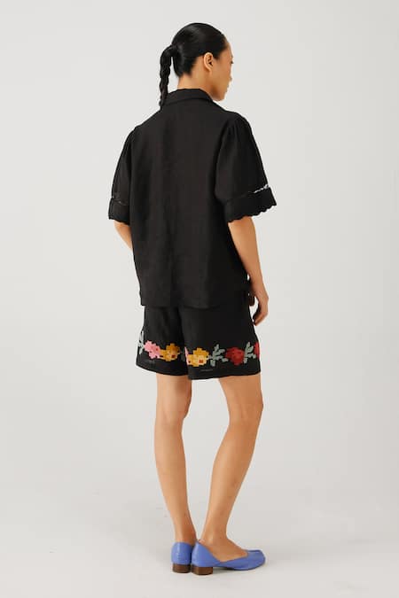 Cord Pixel Embroidered Linen Shirt & Shorts Set 