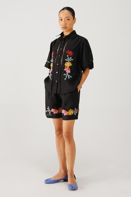 Cord Pixel Embroidered Linen Shirt & Shorts Set 