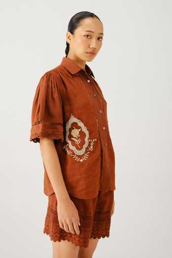 Cord_Brown Linen Cut Work Collared Victorian Placement Embroidered Shirt _Online_at_Aza_Fashions
