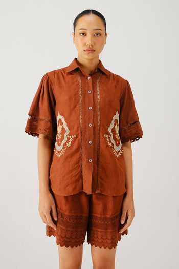 Buy_Cord_Brown Linen Cut Work Collared Victorian Placement Embroidered Shirt _Online_at_Aza_Fashions