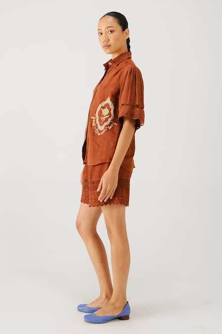 Cord Victorian Linen Embroidered Shirt & Shorts Set 