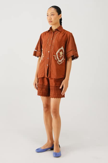 Cord Victorian Linen Embroidered Shirt & Shorts Set 