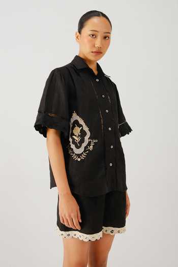 Cord_Black Linen Embroidery Collared Victorian Placement Shirt _Online_at_Aza_Fashions