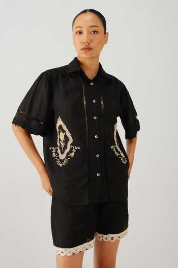 Buy_Cord_Black Linen Embroidery Collared Victorian Placement Shirt _Online_at_Aza_Fashions