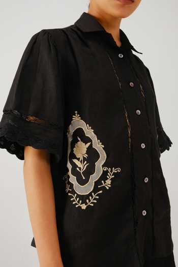 Shop_Cord_Black Linen Embroidery Collared Victorian Placement Shirt _Online_at_Aza_Fashions