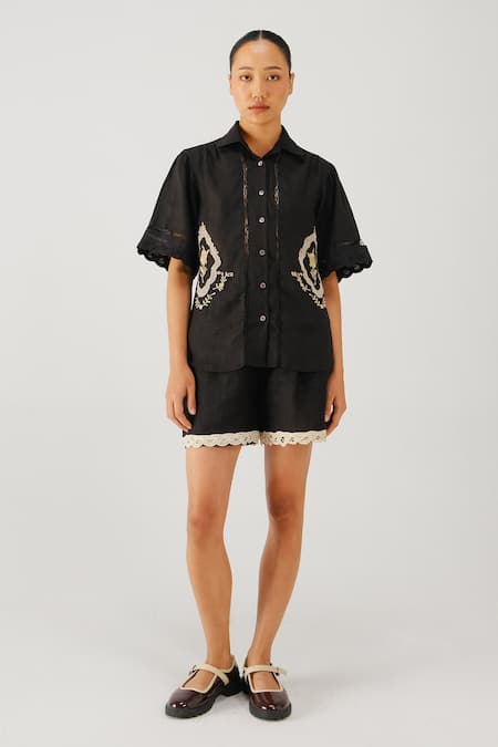 Cord Victorian Embroidered Shirt & Shorts Set 