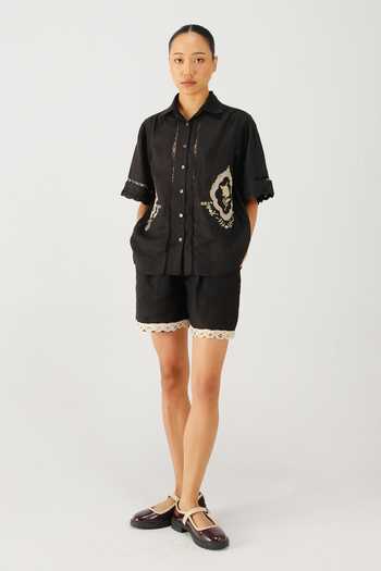 Cord_Black Linen Embroidery, Lace Collared Victorian Shirt And Shorts Set _Online_at_Aza_Fashions