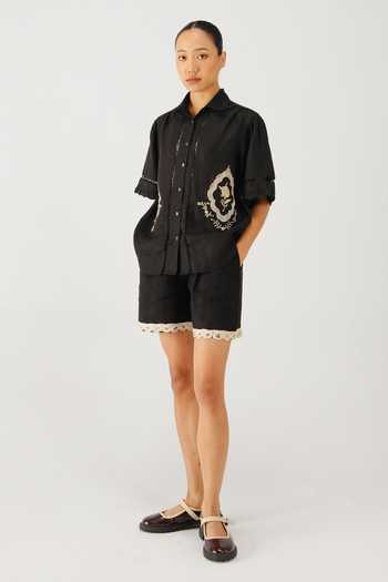 Buy_Cord_Black Linen Embroidery, Lace Collared Victorian Shirt And Shorts Set _Online_at_Aza_Fashions