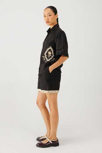 Shop_Cord_Black Linen Embroidery, Lace Collared Victorian Shirt And Shorts Set _Online_at_Aza_Fashions