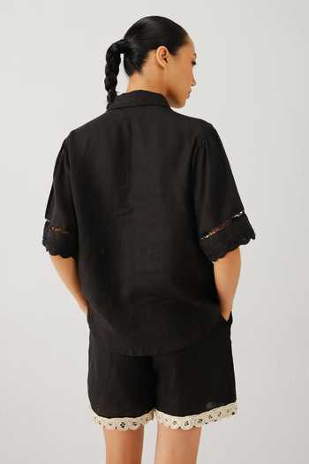 Cord_Black Linen Embroidery, Lace Collared Victorian Shirt And Shorts Set _at_Aza_Fashions