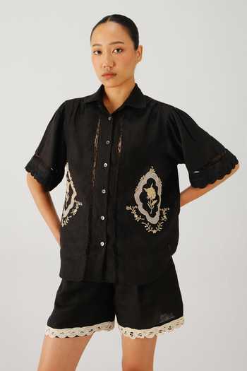 Shop_Cord_Black Linen Embroidery, Lace Collared Victorian Shirt And Shorts Set 