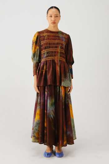 Cord_Multi Color Silk, Cotton Smocking Round Neck Gaia X Ray Embroidered Top _Online_at_Aza_Fashions