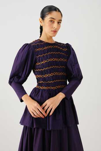 Cord_Purple Silk, Cotton Smocking Round Neck Gaia Top _Online_at_Aza_Fashions