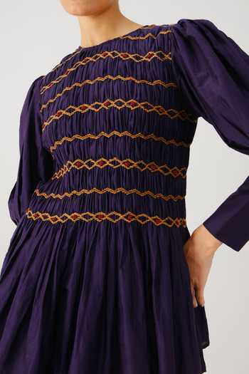 Shop_Cord_Purple Silk, Cotton Smocking Round Neck Gaia Top _Online_at_Aza_Fashions