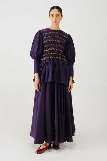 Buy_Cord_Purple Silk, Cotton Smocking Round Neck Gaia Top And Skirt Set _Online_at_Aza_Fashions