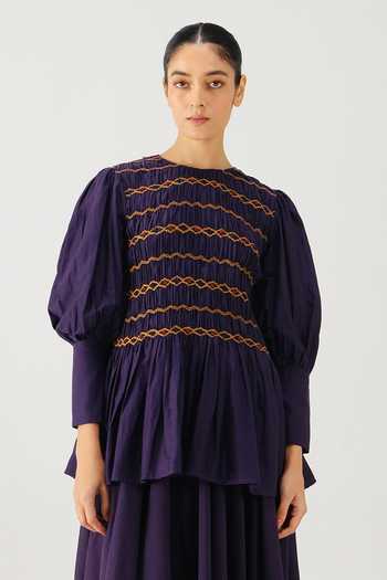 Shop_Cord_Purple Silk, Cotton Smocking Round Neck Gaia Top And Skirt Set _Online_at_Aza_Fashions