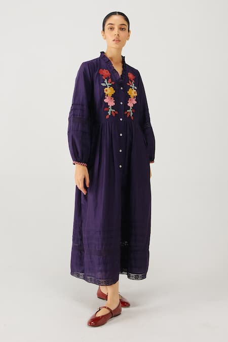Buy_Cord_Purple Silk, Cotton Embroidery V-neck Jade Pixel Dress _Online_at_Aza_Fashions
