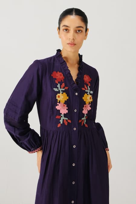 Shop_Cord_Purple Silk, Cotton Embroidery V-neck Jade Pixel Dress _Online_at_Aza_Fashions