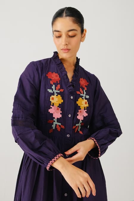 Cord_Purple Silk, Cotton Embroidery V-neck Jade Pixel Dress _at_Aza_Fashions