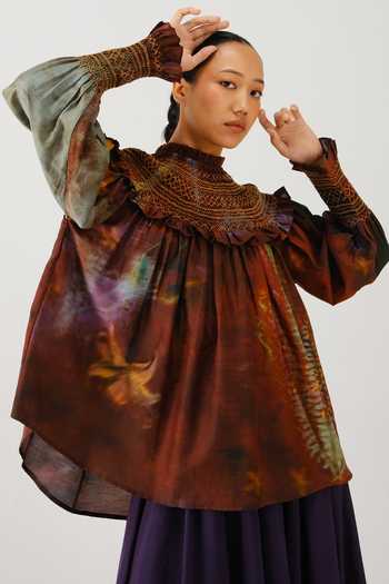 Cord_Multi Color Silk, Cotton Smocking High Neck Theo X Ray Print Top _at_Aza_Fashions